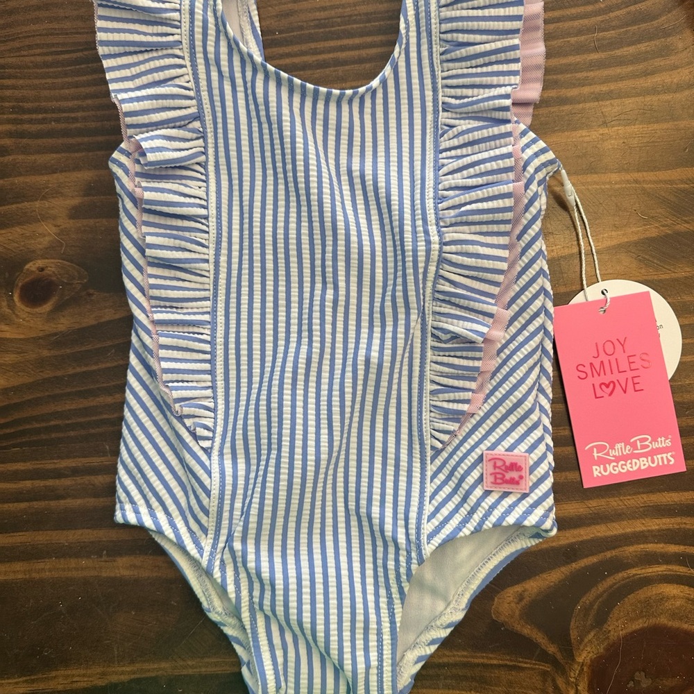 RuffleButts Blue and White Striped Swimsuit